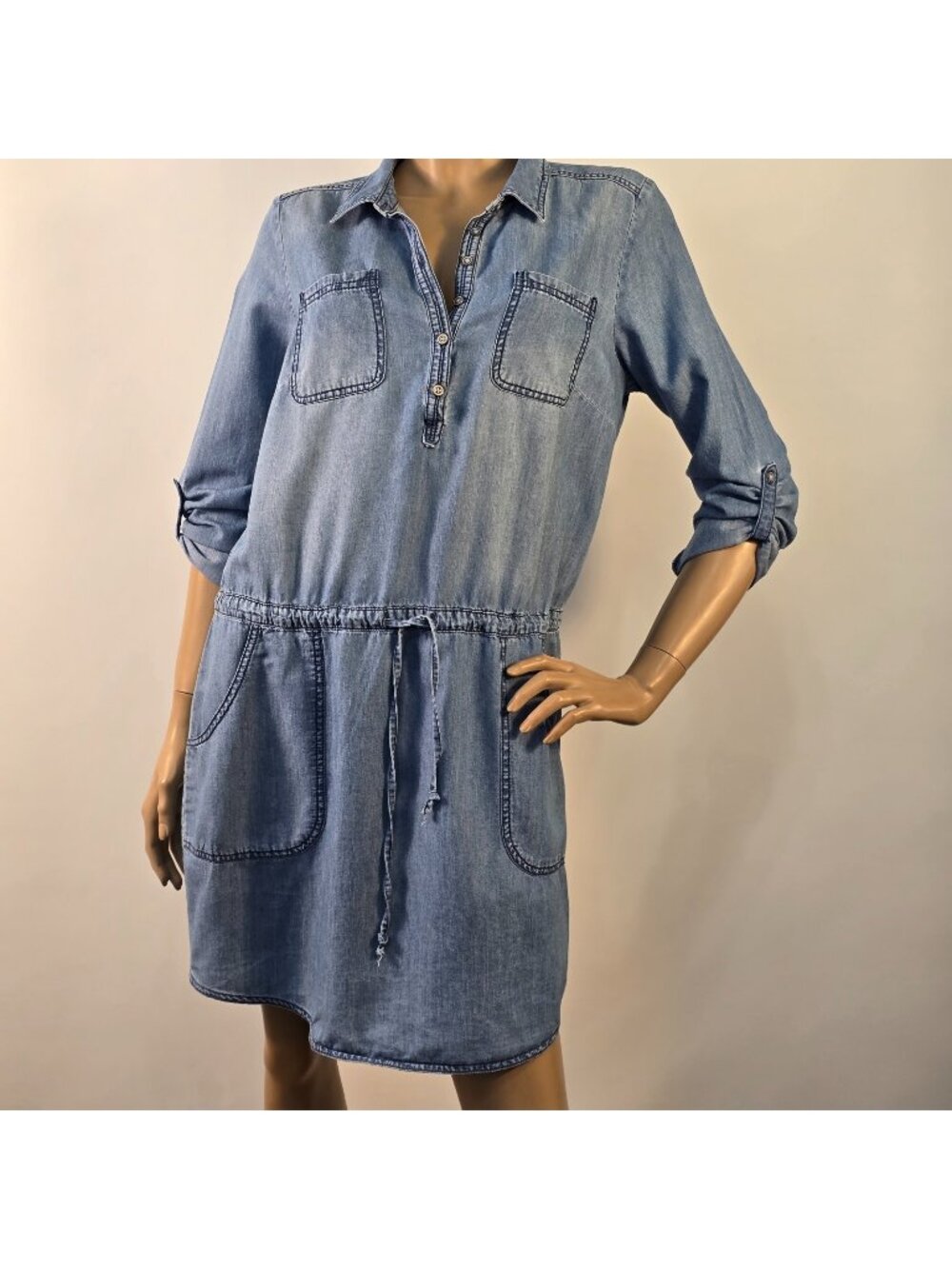 Sonoma Goods for Life Chambray Shirtdress Sz M Drawstring Waist Roll-Tab Sleeves